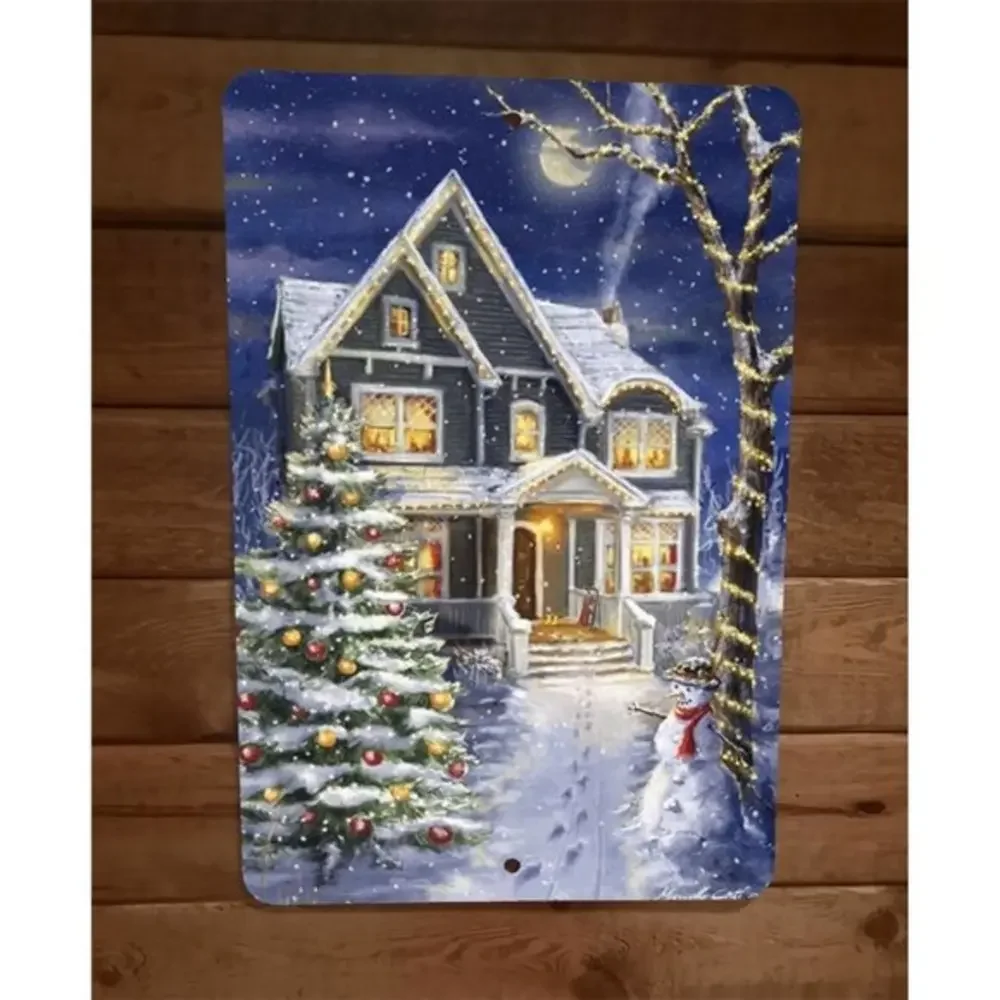 Merry Xmas Christmas Scene House Snow 8x12 Metal Wall Sign‎ Poster